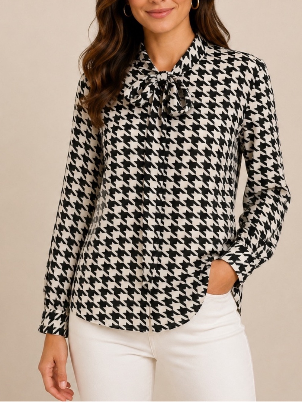 Women's Semi-Sheer Black and White Houndstooth Tie-Neck Blouse Size: Small